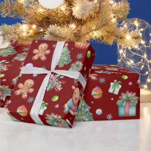 Cute Deep Red Christmas Pattern Holiday Cheer Wrapping Paper