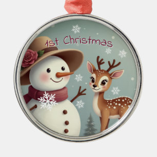Cute Deer And Snowman Holiday Metal Ornament