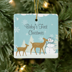 Cute Deer and Snowman Winter Baby's 1st Christmas Ceramic Ornament