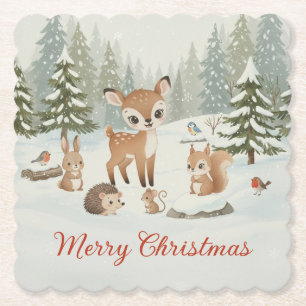 Cute Deer and Woodland Animals Merry Christmas Paper Coaster