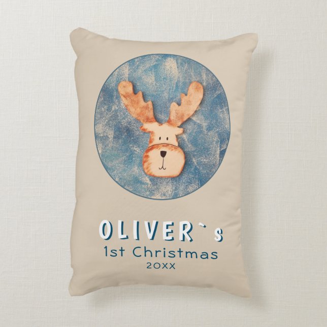 Cute Deer Baby`s First Christmas Blue Baby Decorative Cushion (Back(Vertical))