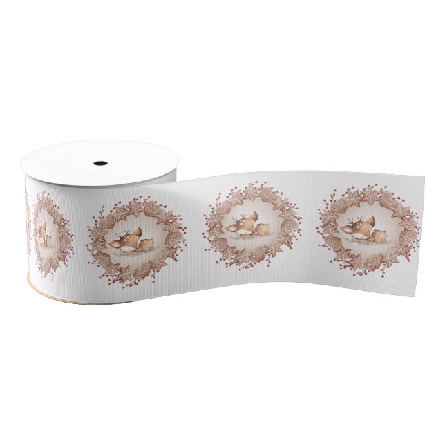 Cute Deer Beige Red Christmas Grosgrain Ribbon (Spool)