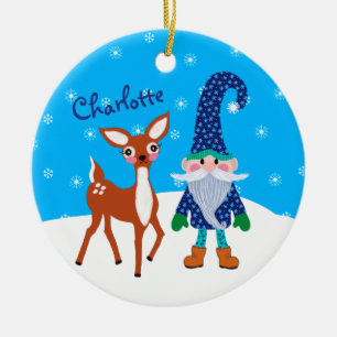 Cute Deer Blue Gnome Christmas Kids Ceramic Ornament