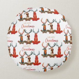 Cute Deer. Christmas Deer in Scarves. Festive Mood Round Cushion
