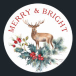 Cute deer & Christmas holly wreath Classic Round Sticker<br><div class="desc">Modern watercolors illustration Christmas holly red berries wreath with cute brown deer.
 Merry & bright customisable text.</div>