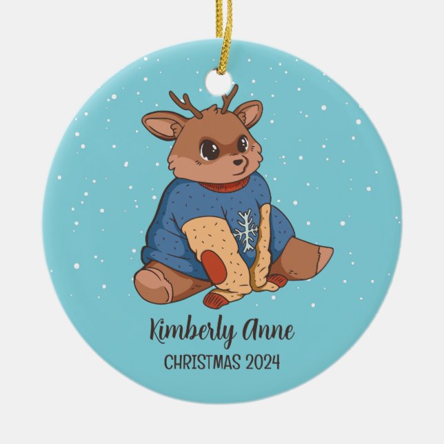 Cute Deer Christmas Reindeer Snowy Winter Holiday Ceramic Ornament (Front)