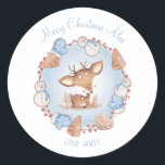 Cute Deer Christmas Stickers Blue Name<br><div class="desc">Christmas sticker with a Cute Deer in gingerbread Christmas wreath in blue and beige. easily personalise the text - Kate Eden Art</div>
