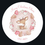 Cute Deer Christmas Stickers Pink Name<br><div class="desc">Cute Deer Christmas Gift Stickers in Pink and Beige,  Christmas wreath and cute deer.  Matching items and more similar designs are available in my store.</div>