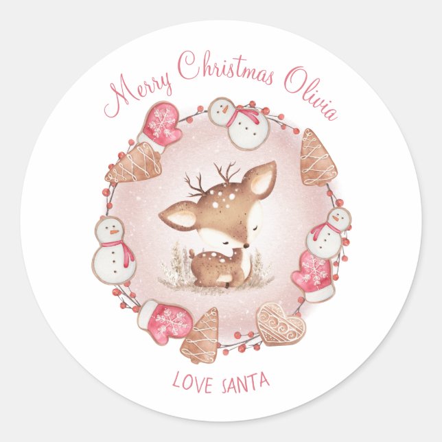 Cute Deer Christmas Stickers Pink Name (Front)