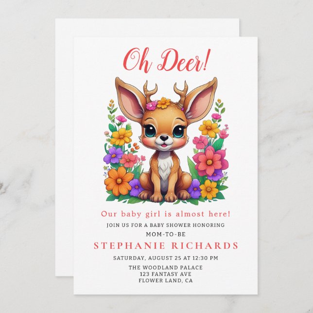 Cute Deer Colourful Flower Baby Shower  Invitation (Front/Back)