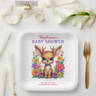 Cute Deer Colourful Flower Baby Shower Paper Plate
