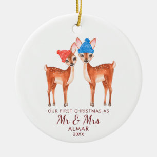 Cute Deer Couple Personalised Mr Mrs Newlyweds Ceramic Ornament