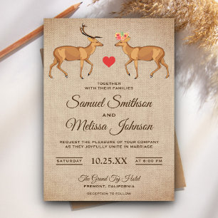 Cute Deer Couple Rustic Burlap Wedding Invitation