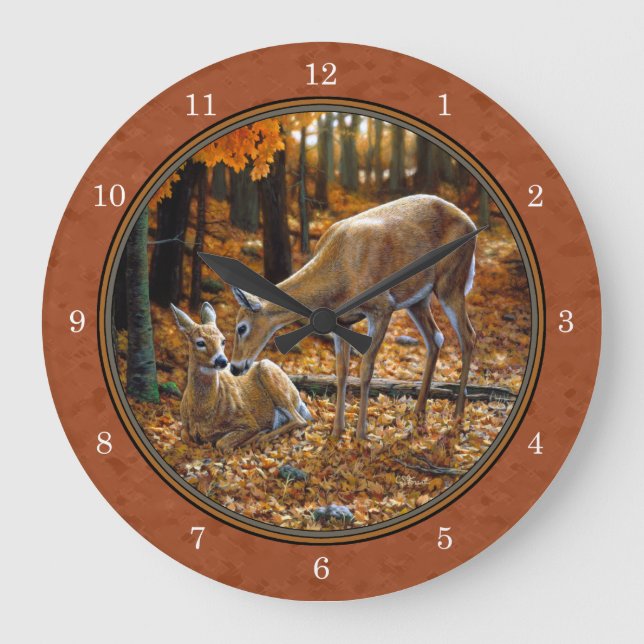 Cute Deer Doe & Fawn Autumn Red Large Clock (Front)