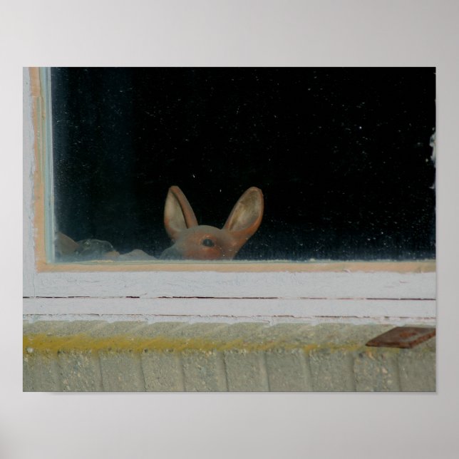 Cute Deer Face Statue Peeking Thru Window Poster (Front)