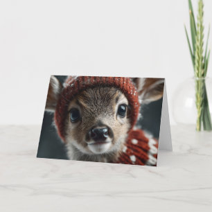 Cute Deer Fawn in Knitted Hat and Scarf Card