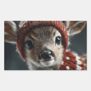 Cute Deer Fawn in Knitted Hat and Scarf Rectangular Sticker
