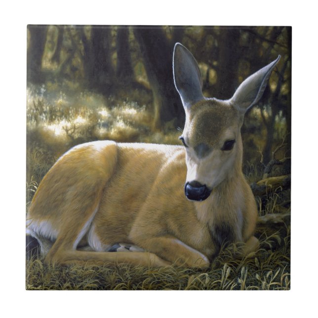 Cute Deer Fawn Lying Down Ceramic Tile (Front)