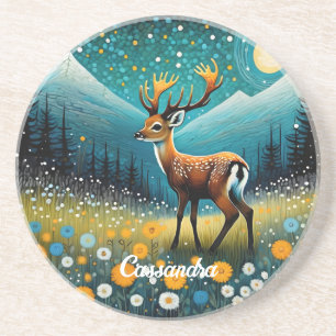 Cute Deer Flowers Meadow Fantasy Coaster