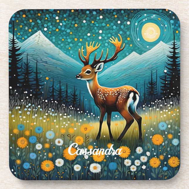Cute Deer Flowers Meadow Fantasy Coaster (Front)