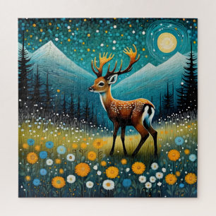 Cute Deer Flowers Meadow Fantasy  Jigsaw Puzzle