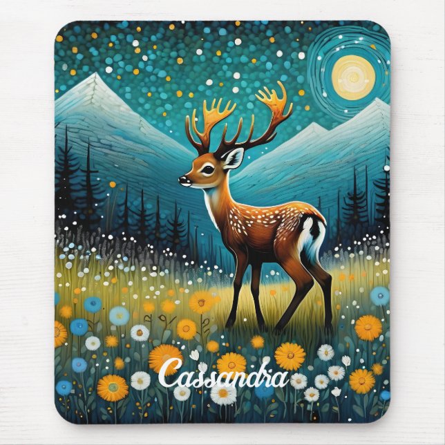 Cute Deer Flowers Meadow Fantasy  Mouse Pad (Front)
