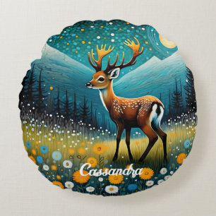 Cute Deer Flowers Meadow Fantasy Round Cushion