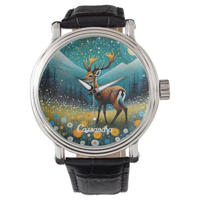 Cute Deer Flowers Meadow Fantasy Watch (Front)