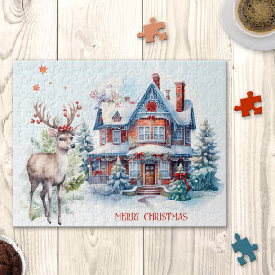 Cute Deer Gingerbread Home Christmas Puzzle