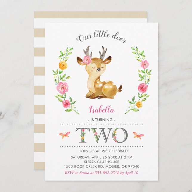 Cute Deer Girl Woodland Floral 2nd Second Birthday Invitation (Front/Back)