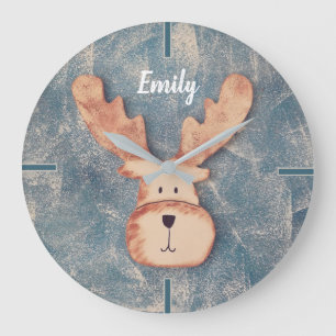 Cute Deer Head Winter Blue Name Nursery Large Clock