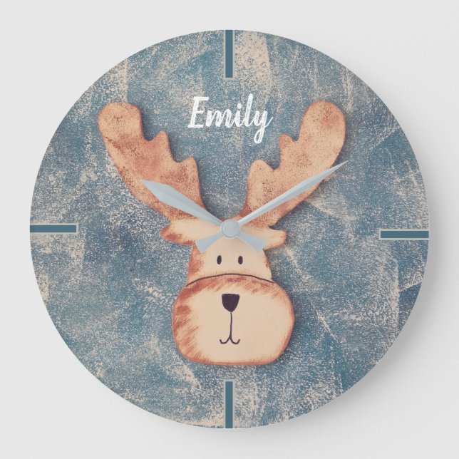 Cute Deer Head Winter Blue Name Nursery Large Clock (Front)