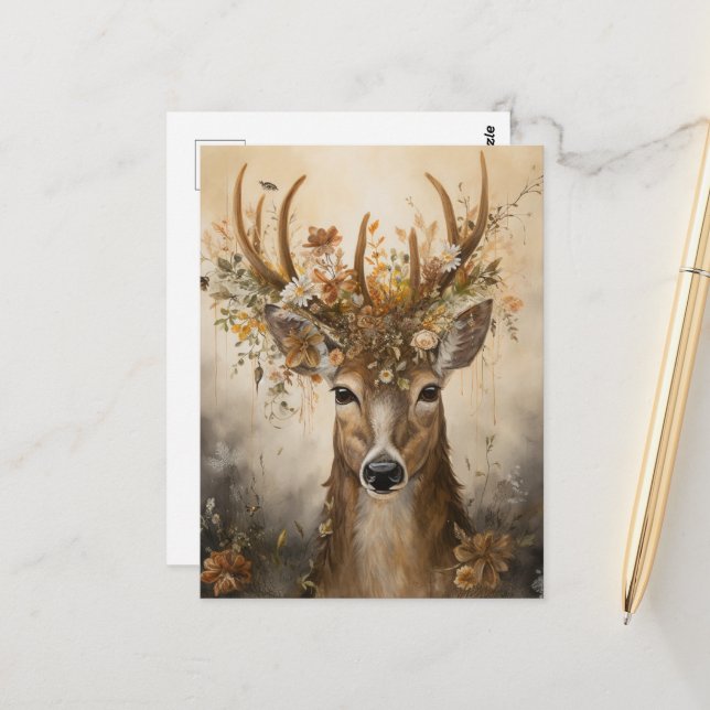 Cute Deer in a Floral Crown  Postcard (Front/Back In Situ)