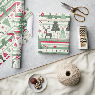 Cute Deer in Scarf with Christmas Trees and Stripe Wrapping Paper