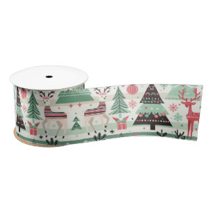 Cute Deer in Scarf with Christmas Trees  Satin Ribbon