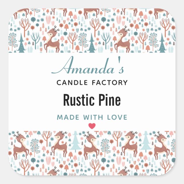 Cute Deer in Whimsical Forest Pattern Candle Square Sticker (Front)