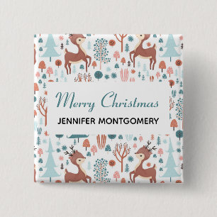 Cute Deer in Whimsical Forest Pattern Christmas 15 Cm Square Badge