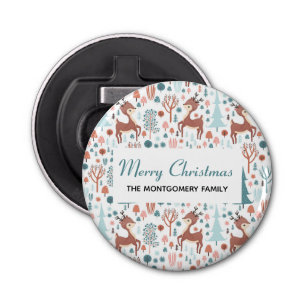 Cute Deer in Whimsical Forest Pattern Christmas Bottle Opener