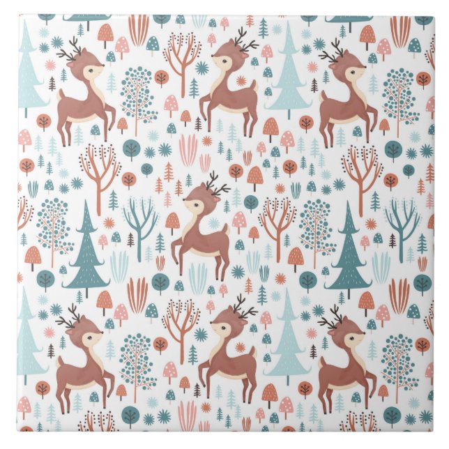 Cute Deer in Whimsical Forest Pattern Christmas Ceramic Tile (Front)