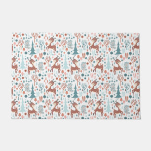 Cute Deer in Whimsical Forest Pattern Christmas Doormat