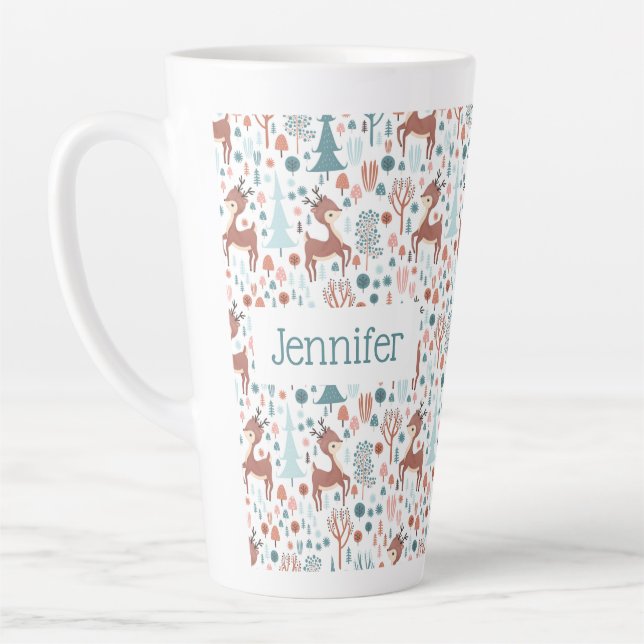 Cute Deer in Whimsical Forest Pattern Christmas Latte Mug (Left)