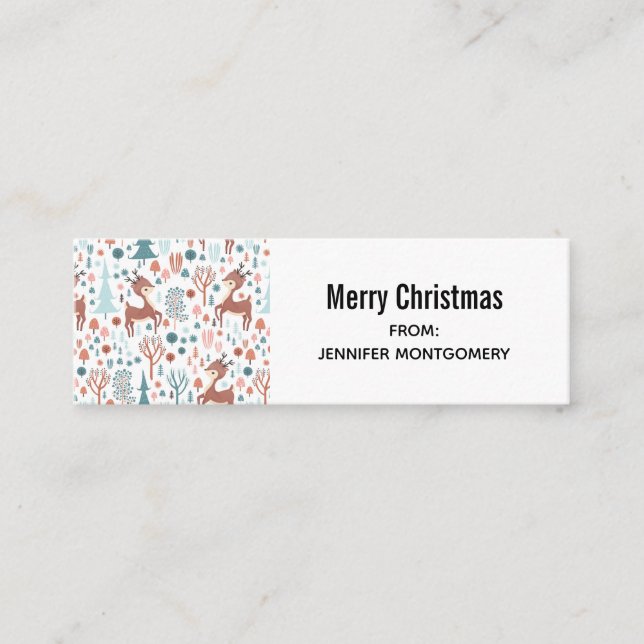 Cute Deer in Whimsical Forest Pattern Christmas Mini Business Card (Front)