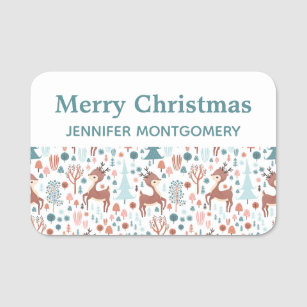 Cute Deer in Whimsical Forest Pattern Christmas Name Tag