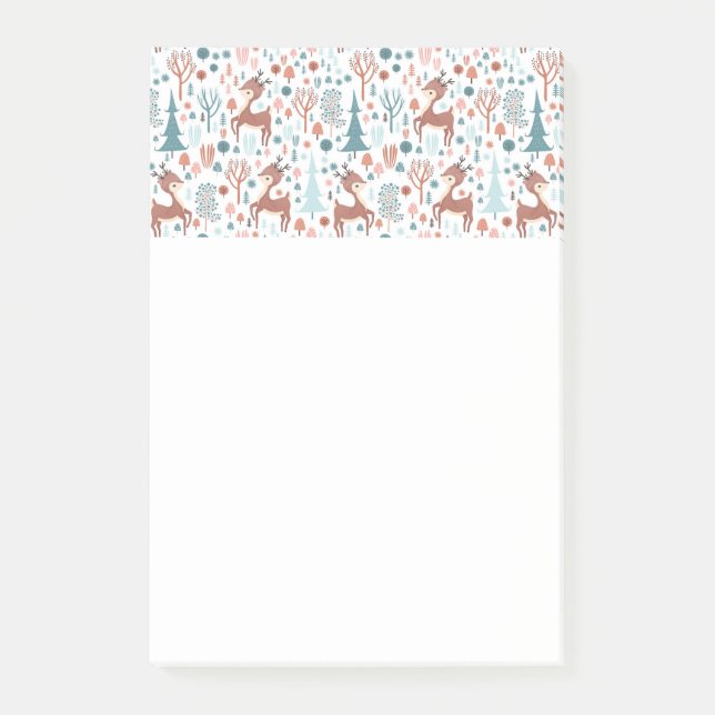 Cute Deer in Whimsical Forest Pattern Christmas Post-it Notes (Front)