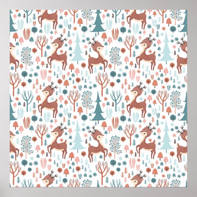 Cute Deer in Whimsical Forest Pattern Christmas Poster (Front)