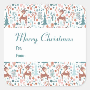 Cute Deer in Whimsical Forest Pattern Christmas Square Sticker