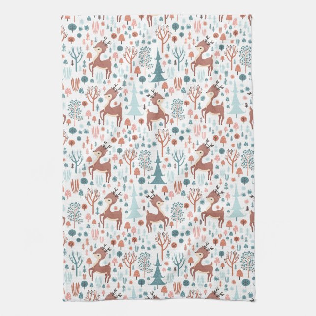 Cute Deer in Whimsical Forest Pattern Christmas Tea Towel (Vertical)