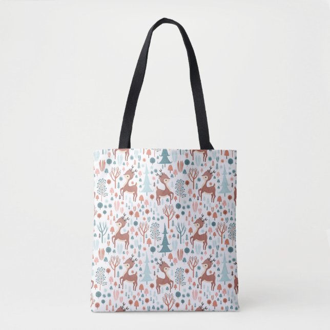 Cute Deer in Whimsical Forest Pattern Christmas Tote Bag (Front)
