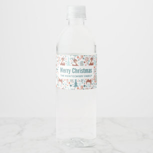 Cute Deer in Whimsical Forest Pattern Christmas Water Bottle Label