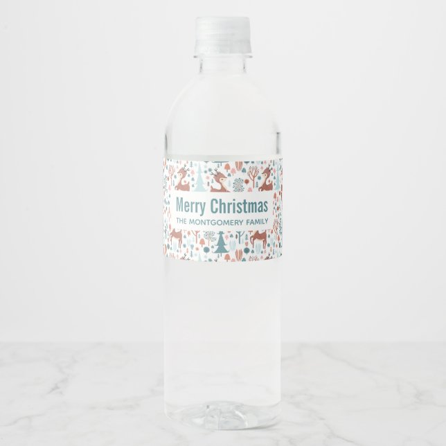 Cute Deer in Whimsical Forest Pattern Christmas Water Bottle Label (Front)
